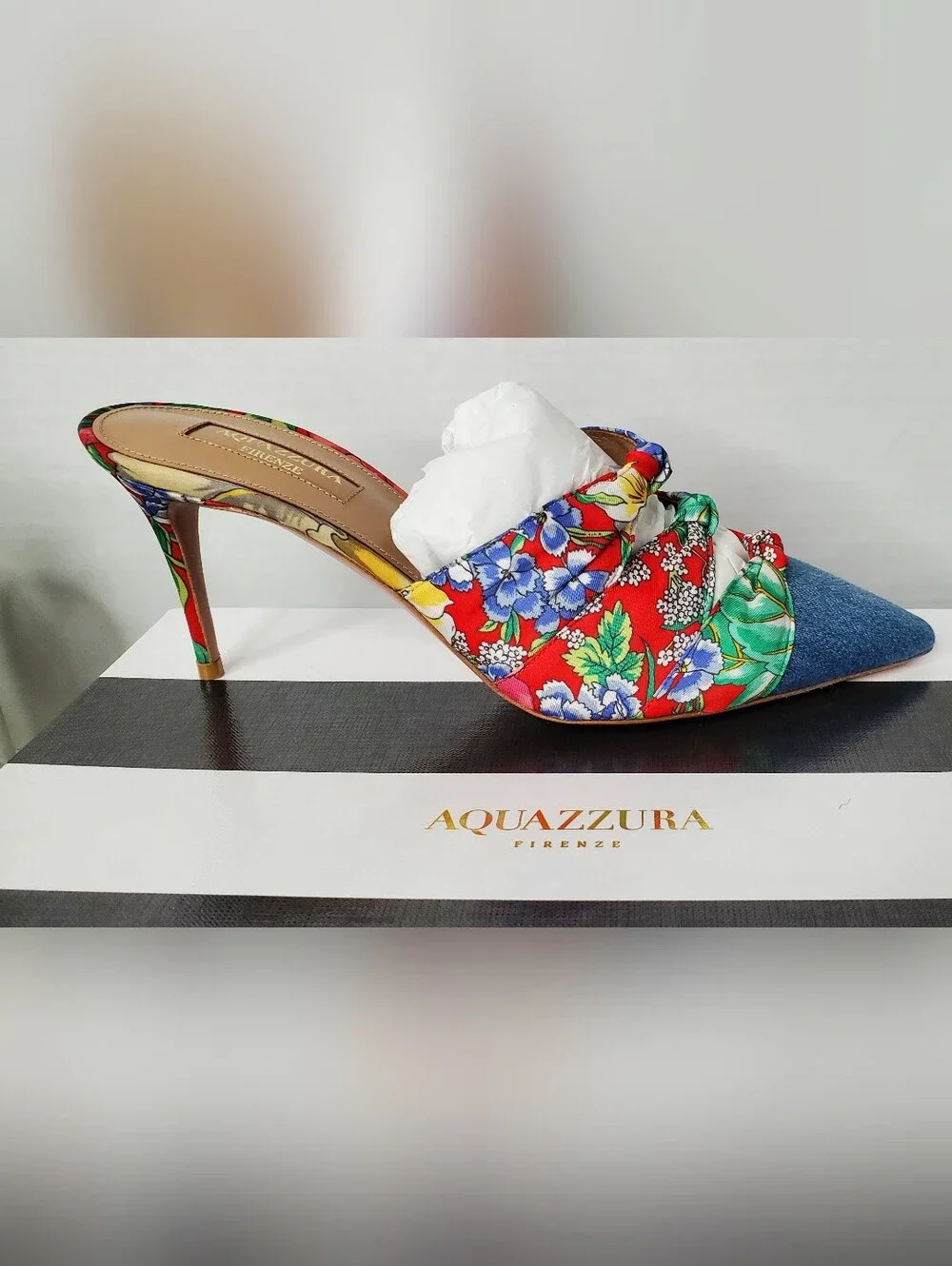 AQUAZZURA DENIM FLORAL Mule Heels NEW 36.5 (6) NWT